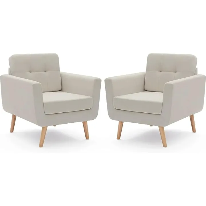 Tbfit Linen Fabric Accent Chairs Set of 2, Mid Century Modern Armchair for Living Room, Bedroom Button Tufted Upholstered Comfy Reading Accent Chair Sofa(Light Beige)