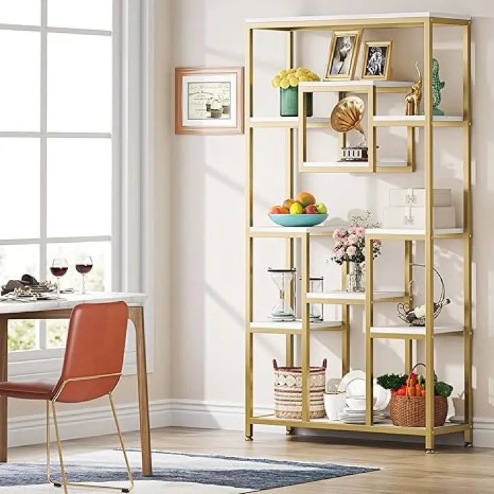 Tribesigns 71" Gold Etagere Bookshelf, Modern 11-Tier Tall Open Display Bookcase Bookshelves, Free Standing Book Shelf for Living Room, Bedroom, Home Office, Gold & White