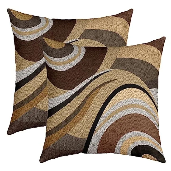 Feelyou Pack of 2 Geometric Decor Outdoor Throw Pillow Covers, Soft Stripe Line Brown Grey Square Cushion Case Set for Couch Sofa Living Room, Modern Art Porch Pillows Cases Pillowcases, 22x22 Inches