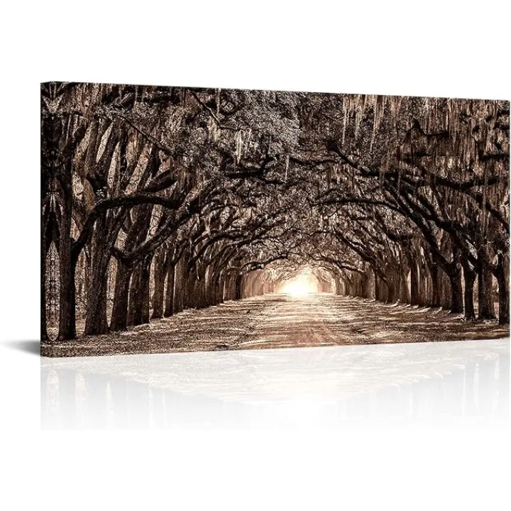 RnnJoile Oak Tree Wall Art Sepia Tree Painting Picture Oak Lined Road at Historic Wormsloe Plantation Savannah Georgia Prints Home Office Decor Framed 24" x 48"