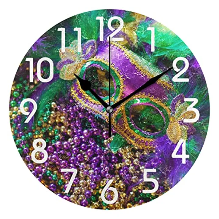Naanle 3D Mardi Gras Carnival Decor Round Wall Clock, 9.5 Inch Battery Operated Quartz Analog Quiet Desk Clock for Home,Office,School,Kitchen