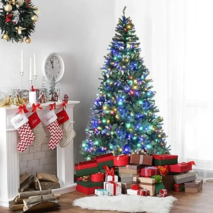 GLOBALWAY 8Ft Pre-lit Artificial Christmas Tree, Pencil Hinged Christmas Tree w/ 750 Dual-Colored LED Lights, 2128 PVC Branches, 11 Light Modes, X-Shaped Metal Stand, Pine Xmas Tree for Home, Party