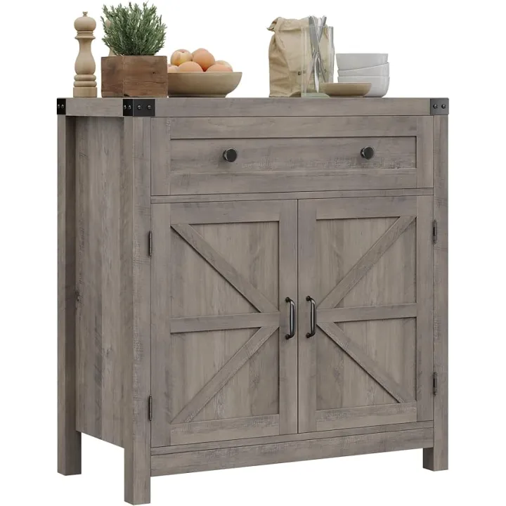 HOSTACK Coffee Bar Cabinet, Kitchen Storage Cabinet, Modern Farmhouse Buffet Sideboard with Drawer and Adjustable Shelf, Barn Door Accent Cabinets for Kitchen, Dining Room, Entryway, Ash Grey