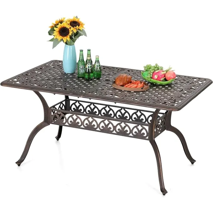 Sophia & William 6-Person Cast Aluminium Outdoor Dining Table Rectangular, Patio Bistro Table with 1.97" Umbrella Hole, Bronze
