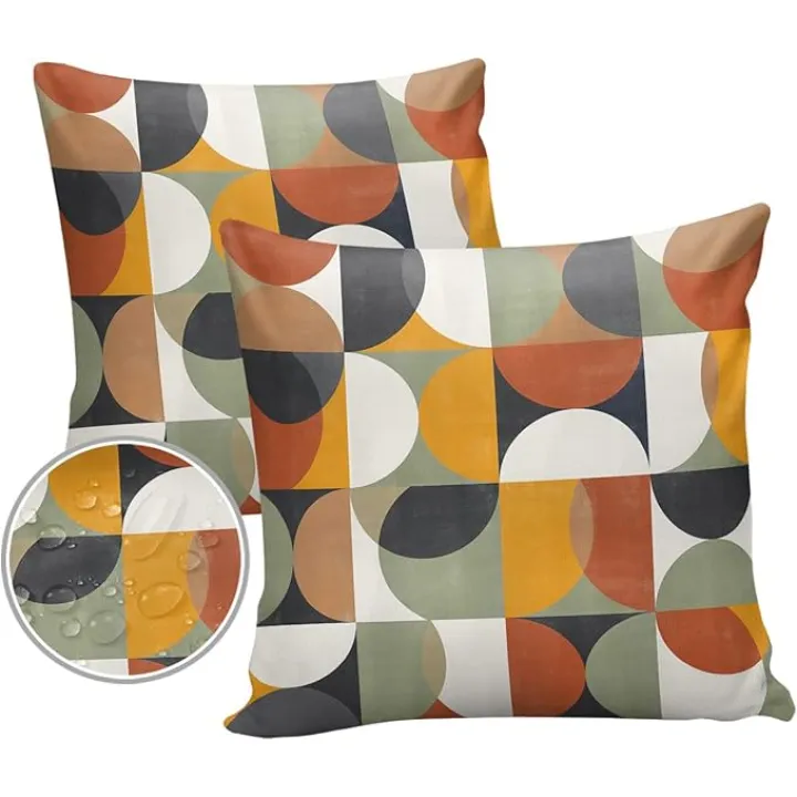 Outdoor Throw Pillow Covers Waterproof Pillow Cases 16x16In,Mid Century Abstract Geometric Color Block Decorative Pillow Covers Cushion Cases for Couch Sofa Patio,2 Pack Nordic Style Circle Modern Art