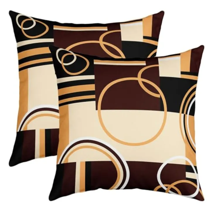 Modern Geometric Throw Pillow Covers 18x18 Set of 2 Brown Black Stripes Cushion Covers For Lumbar Support Bedroom Retro Circle Swirls Pillow Covers Abstract Texture Decorative Accent Pillow Cases