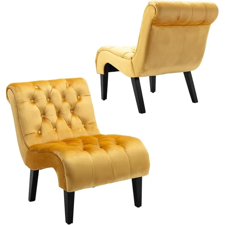 Comfy Velvet Accent Chair Set of 2, Upholstered Armless Side Chair for Living Room, Modern Small Lounger with Tufted Back and Rolled Edge Design, Comfy Chaise Lounge with Rubber Wood Legs, Yellow