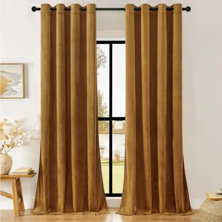 Timeper Gold Brown Velvet Curtians - Noise Reducing Luxury Solid Decor Grommet Window Drapes Darkening Covering for Living Room/Playroom/Kids Room/Dining, W52 x L90, Gold Brown, 2 Panels