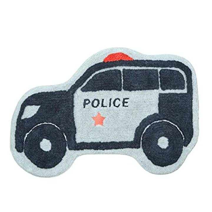 Hand Tufted Police Car Bedroom or Bathroom Rug - 30x20 in; 100% Cotton Kids Bathroom Mat; Decorative Kids Area Rug