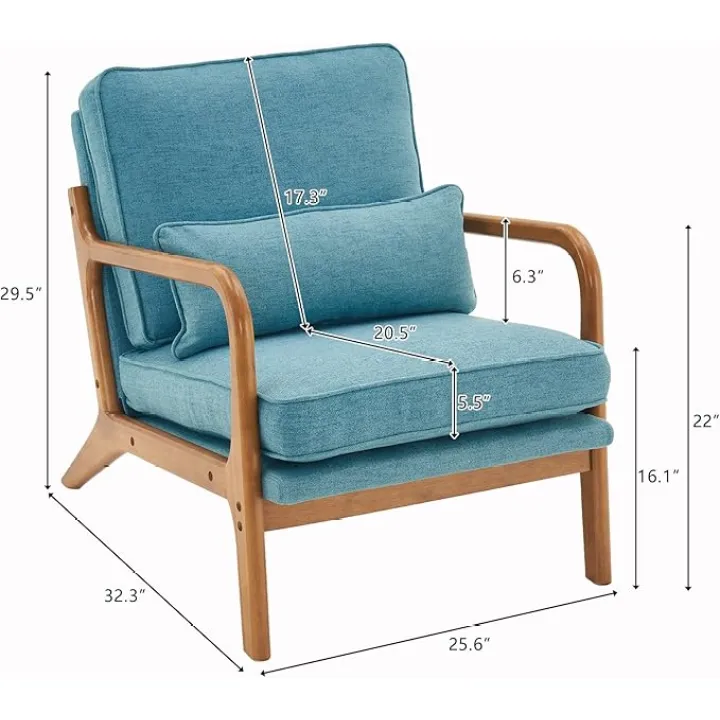 Bonnlo LinenTeal Mid Century Modern Accent Chair, Soild Wood Padding Lounge Armchairs Side Sitting Chairs for Living Room, Bedroom, Guest Room