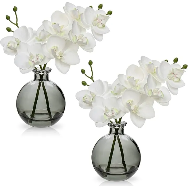 White Orchids Artificial Flowers Faux Orchid Arrangement with Black Glass Vase Set of 2 Real Touch Phalaenopsis Orchid Flowers Orchid Centerpiece for Dining Room Table