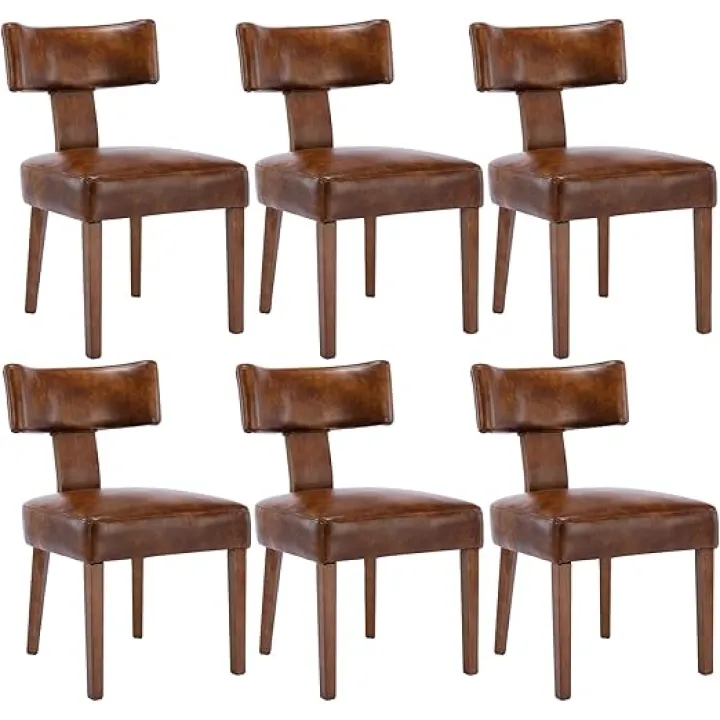 Modern Dining Chairs Set of 6, Comfy Upholstered Side Chairs with Wood Legs, PU Leather Dining Chairs with Curved Wingback for Living Room Bedroom, Brown