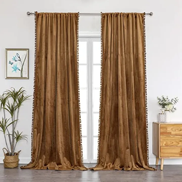 Benedeco Camel Velvet Curtains for Bedroom Window with Pom Pom, Super Soft Luxury Drapes, Room Darkening Thermal Insulated Rod Pocket Curtain for Living Room, W52 by L90 inches, 2 Panels