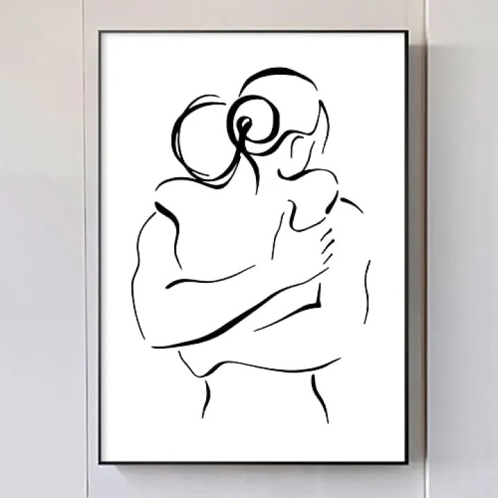 Black and White Abstract Line Canvas Wall Art Print Couple Line Hugging Wall Art Picture Black and White Silhouette Couple Canvas Painting Minimalist Abstract Lines Poster Prints 16x24inch No Frame