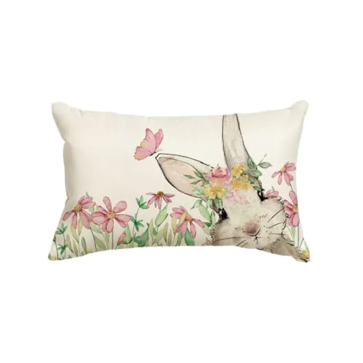 AVOIN colorlife Easter Floral Garland Bunny Throw Pillow Cover, 12 x 20 Inch Spring Rabbit Holiday Cushion Case Decoration for Sofa Couch