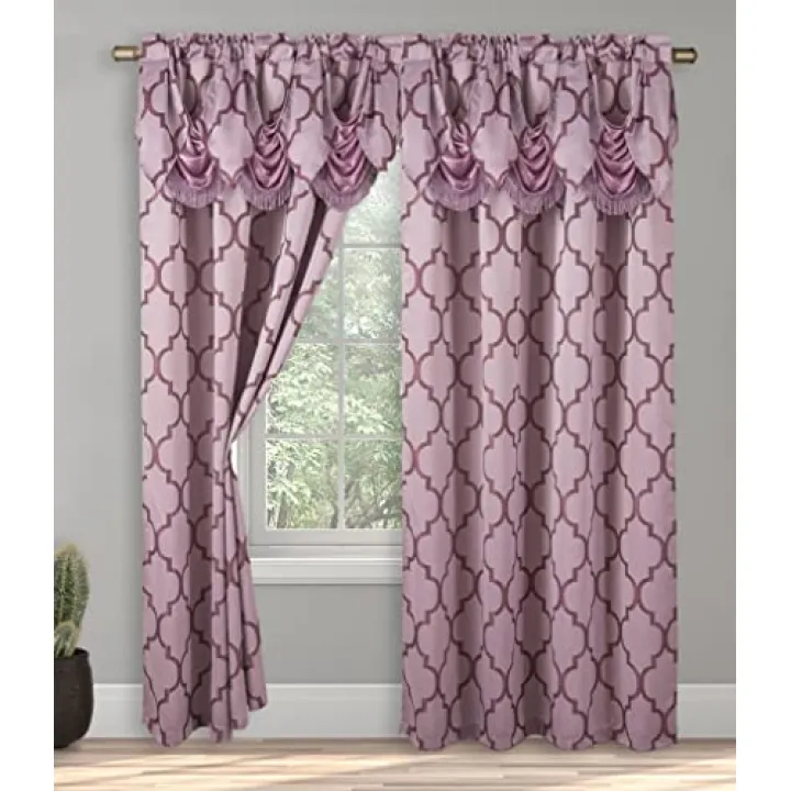Elegant Comfort Jacquard Look Curtain Panel Set with Attached Waterfall Valance, (Set of 2), 54 x 84 Inches, Quatrefoil Pattern, Lilac/Purple