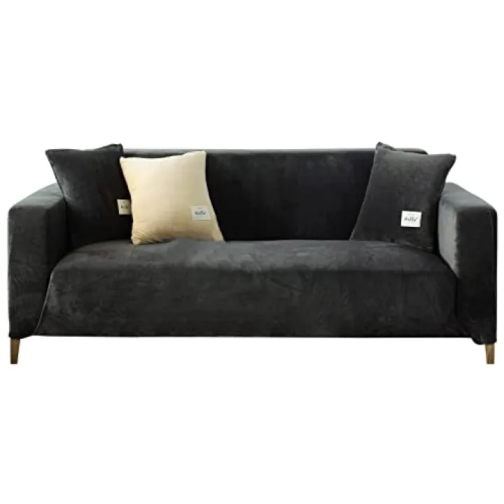 MIFXIN Velvet Stretch Couch Cover 3 Seater Sofa Slipcover Elastic Anti-Slip Washable Furniture Protector with 1pcs Pillow Cover for Living Room Kids Pets (Dark Grey)