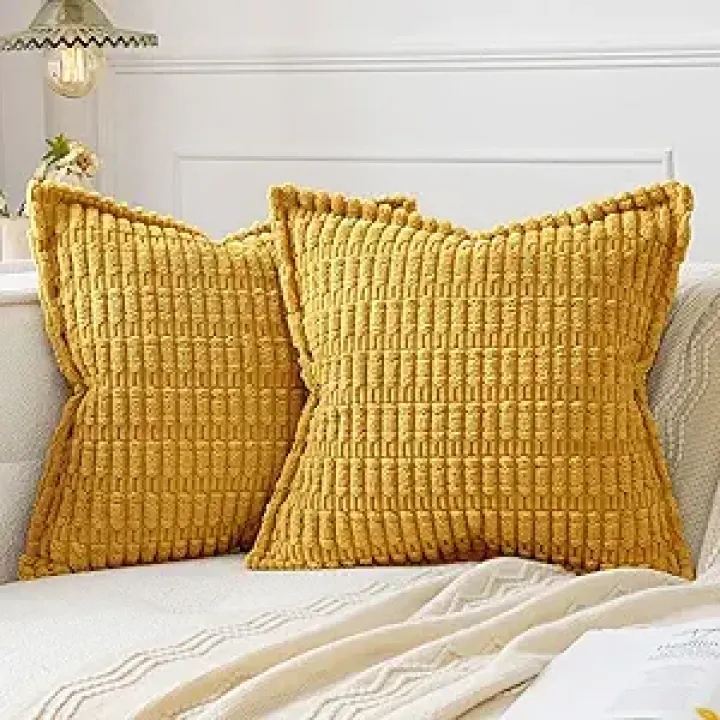 MIULEE Mustard Yellow Corduroy Decorative Throw Pillow Covers Pack of 2 Soft Striped Pillows Pillowcases with Broad Edge Spring Winter Modern Boho Home Decor for Couch Sofa Bed 18x18 Inch