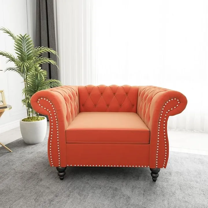 Chesterfield Chair, Modern Velvet Tufted Accent Sofa Couch Chair with Scroll Arms and Nailhead for Living Room, Bedroom, Office, Apartment (Orange)