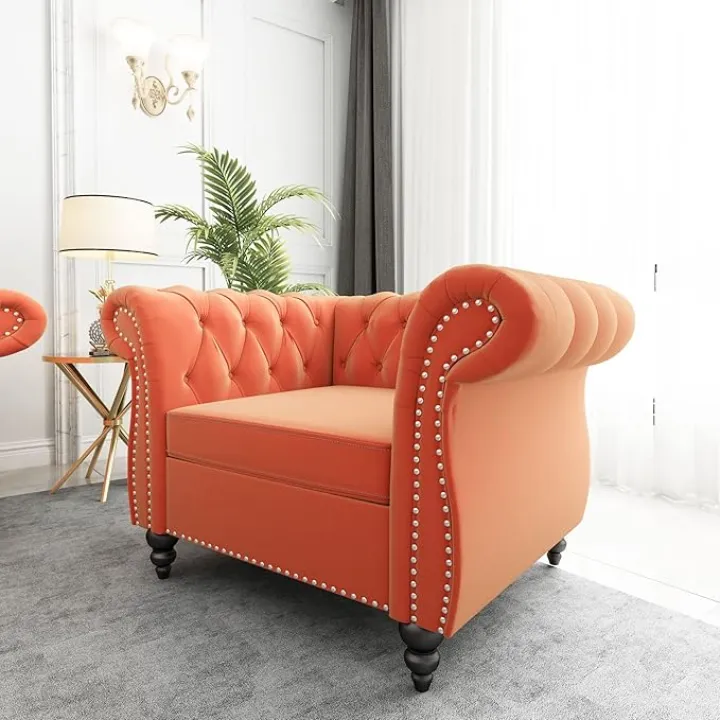 2 Piece Living Room Set, Velvet Chesterfield Sofa Couch Chair with Scroll Arms and Nailhead for Living Room, Office (Orange)