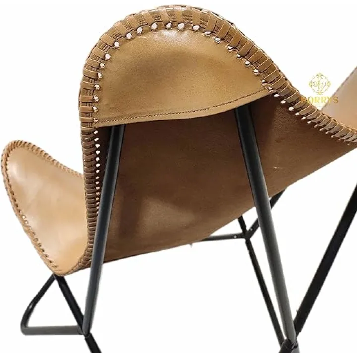 Parry Leather Butterfly Chair for Living Room - Handcrafted Brown Buffalo Leather Foldable Powder Coated Iron Frame Relaxing Chair for Home Decor Lounge Accent Outdoor Indoor