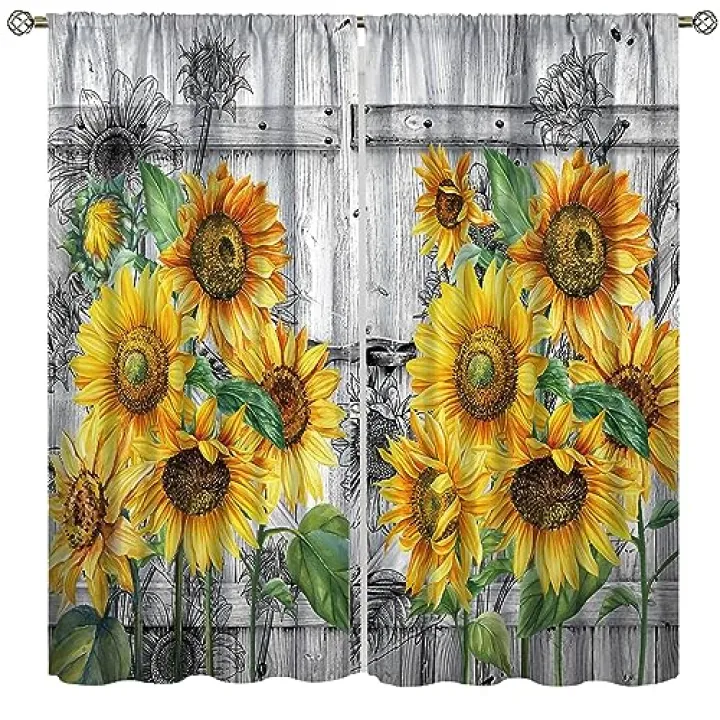 Sunflower Curtains, Rustic Sun Flower on Wood Window Treatments for Living Room, Yellow Floral Blackout Farmhouse Country Drapes 2 Panel Sets,42x45 Inch
