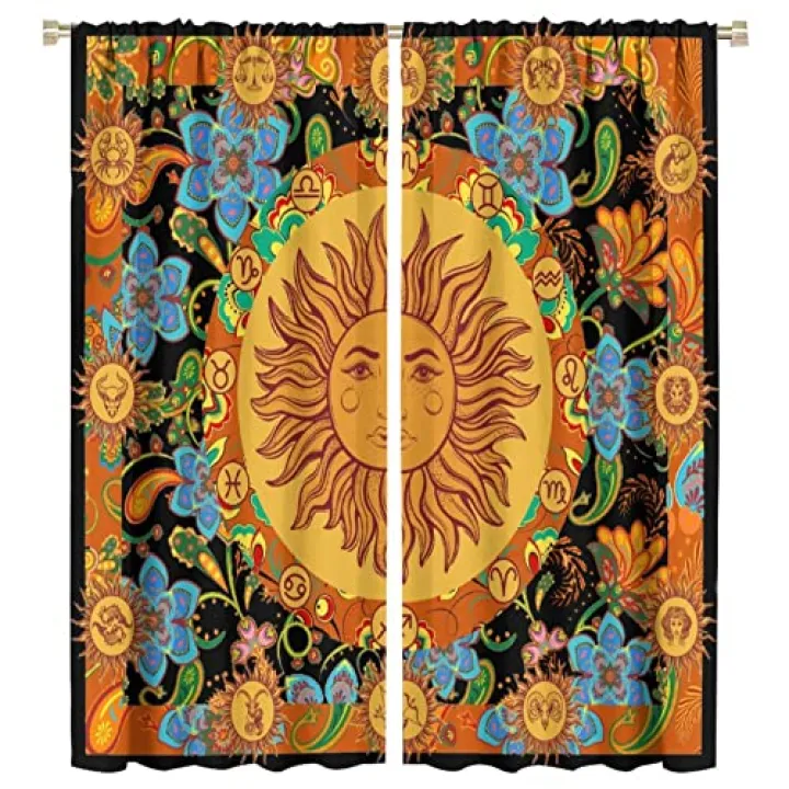 Vintage Sun Window Curtains, Vintage Boho Wildflower Floral Bohemian Hippie Sun Rod Pocket Windows Treatments Drapes for Bedroom Living Dining Room Home Decoration 42x63in