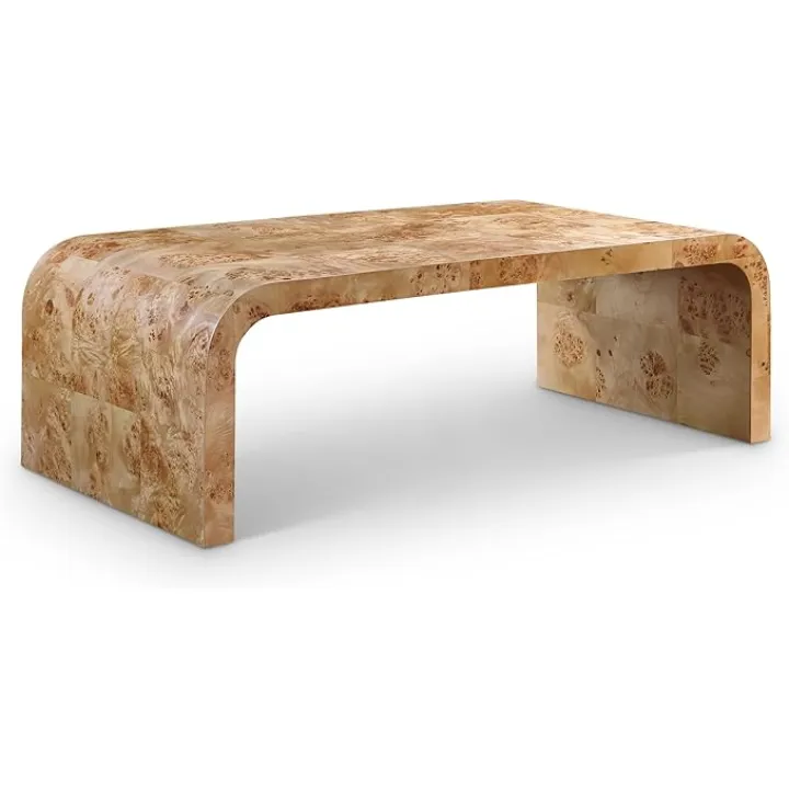 Meridian Furniture 269-C Cresthill Collection Mid-Century Modern Coffee Table with Ash Burl Wood, Natural Ash Finish, Curved Art Deco Design, 48" W x 24" D x 16" H, Natural
