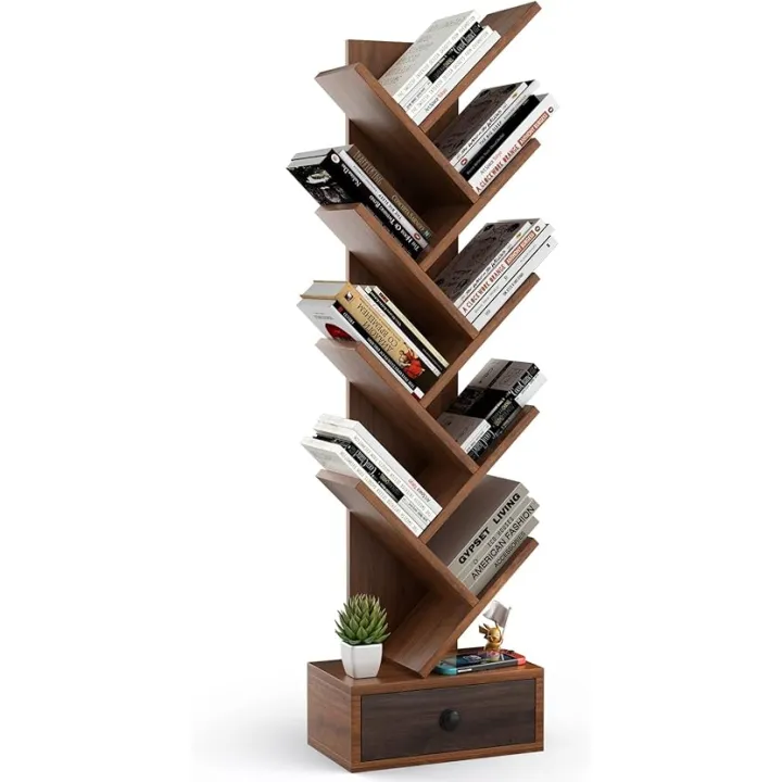 10-Tier Tree Bookshelf, Floor Standing Bookshelf with Drawer, Small Bookcase for CDs, Books, Magazines,Utility Organizer Shelves for Living Room, Study, Bedroom, Office, School, Brown