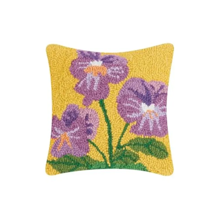 Peking Handicraft Pansies 10" Square Hooked Wool Throw Pillow with Polyfill Insert