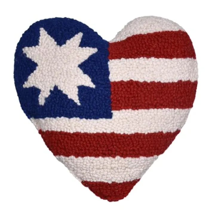 American Flag Themed 9" Heart Shaped Hooked Wool Throw Pillow
