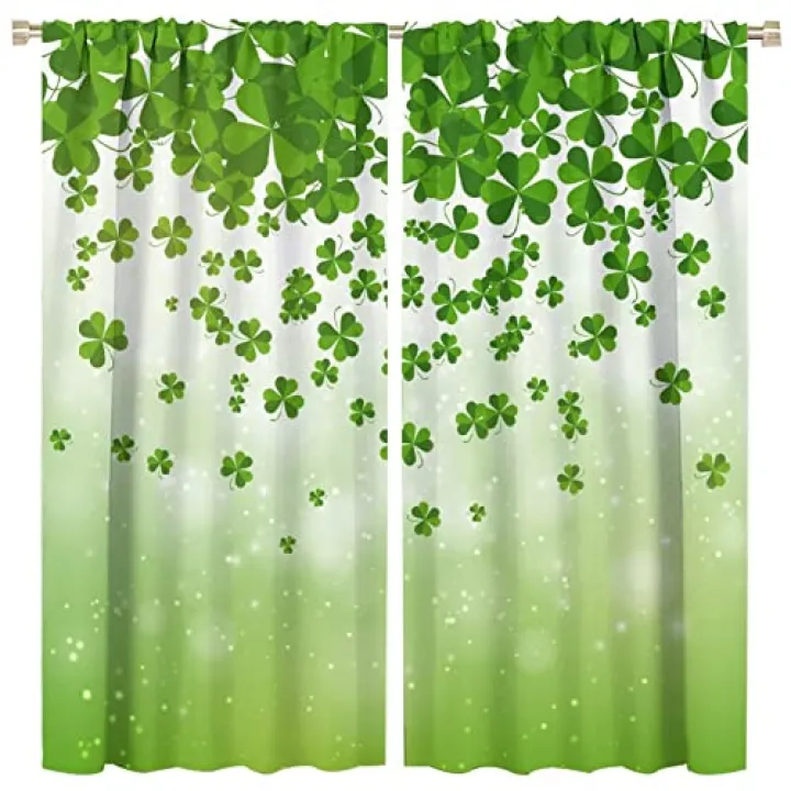 St.Patrick's Day Kitchen Curtains,Green Shamrock Leaves Theme Rod Sleeves Window Drapes 2 Panel Set for Bedroom Bathroom Living Room Decor W42xL45in