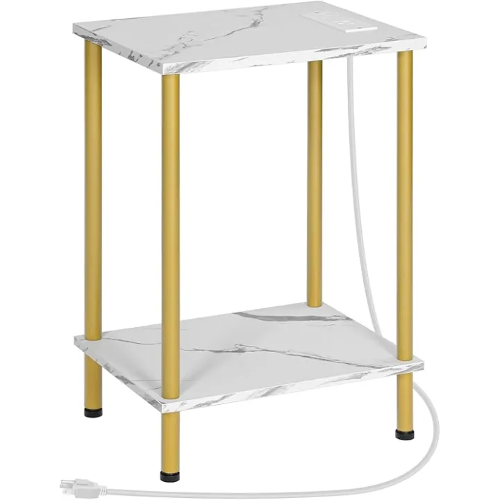 HOOBRO Side Table with Charging Station, End Table with USB Ports and Outlet, Nightstand with 2-Layer Storage Shelves for Small Spaces, Living Room, Bedroom, Stable Frame, Greige and Black BG09UBZ01