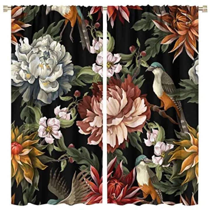 Vintage Floral Curtains Colorful Flowers Birds Green Leaves Black Retro Aesthetic Art Print for Living Room Bedroom Bathroom Decor Rod Pocket Blackout Window Drapes 2 Panels 42x54in