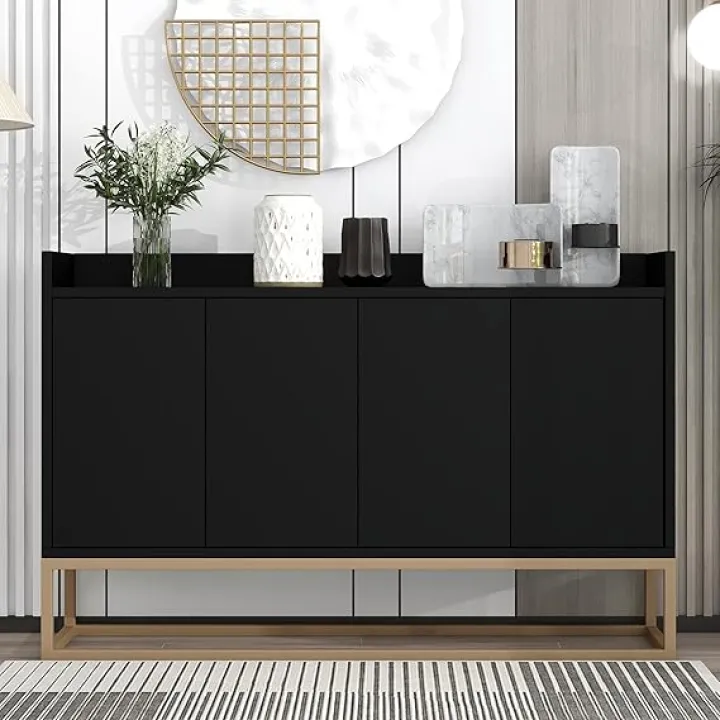 Modern Sideboard Storage Cabinet with Doors and Adjustable Shelves Wooden Kitchen Sideboard Buffet Cabinet with Metal Base and Fence Tabletop, Black