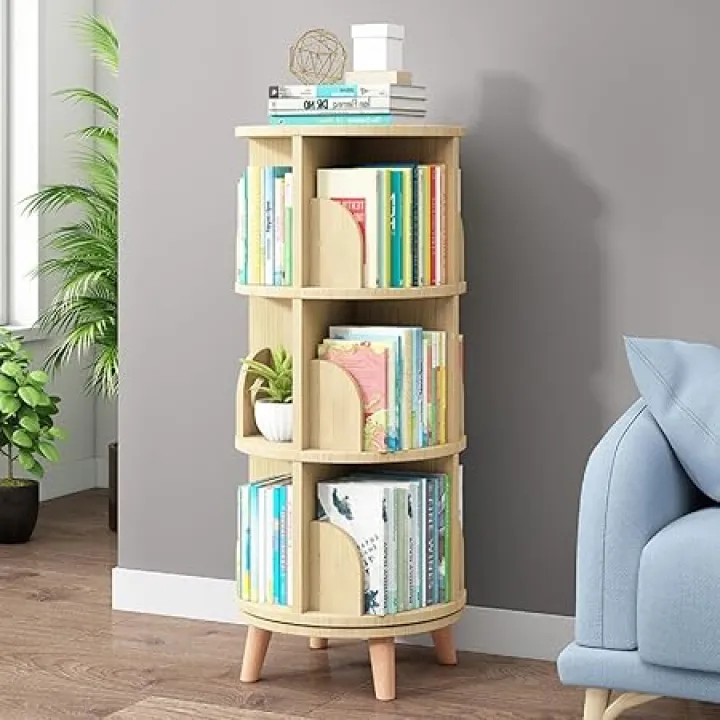 Gdrasuya10 3 Tier Rotating Bookshelf with Legs, Revolving Bookcase Floor Standing Book Shelf 360 Display Bookcase Round Bookshelf Corner Book Shelf Easy Assemble for Bedroom