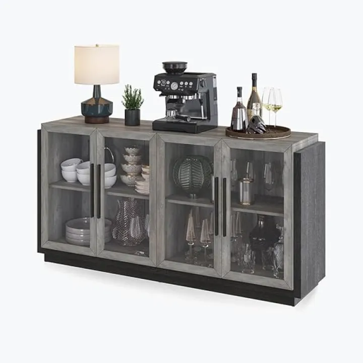 BELLEZE Sideboard Buffet Cabinet, Modern Wood Glass-Buffet-Sideboard with Storage, Console Table for Kitchen, Dining Room, Living Room, Hallway, or Entrance - Brixston (Grey)