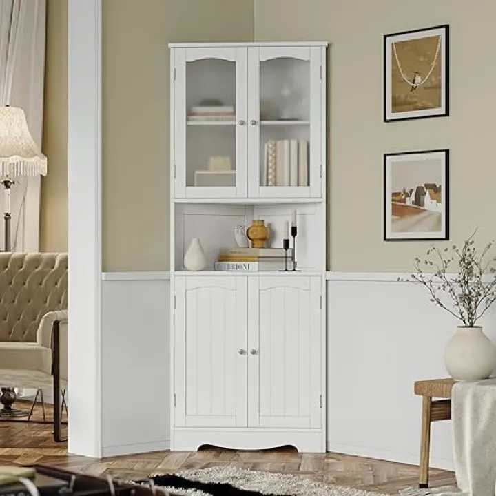 HORSTORS 63.2" Tall Bathroom Corner Cabinet, Modern Storage Cabinet with Glass Doors, Buffet Hutch, Freestanding Pantry for Living Room, Bathroom, Kitchen, Dining Room, White