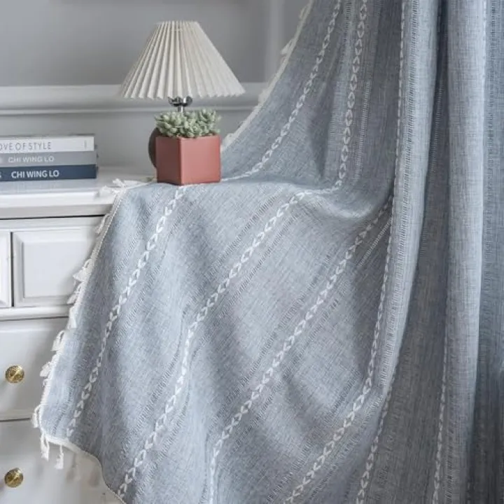 ColorBird Boho Curtains for Living Room, 2 Panels 63 inch Blue Darkening Drapes, Embroidered Striped Farmhouse Sliding Door Vintage Bohemian Curtain for Bedroom