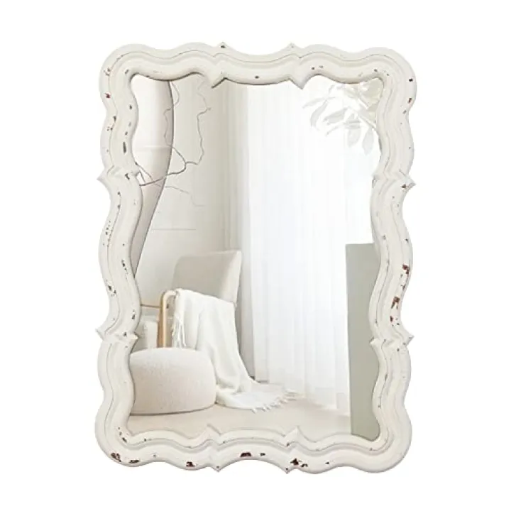 Sintosin Vintage Small Scalloped Wall Mirrors Decorative 16 x 12 inch, Hanging Distressed White Sculpted Wood Bathroom Vanity Mirror, Rustic Entryway Mirror, Farmhouse Wall Mounted Mirrors