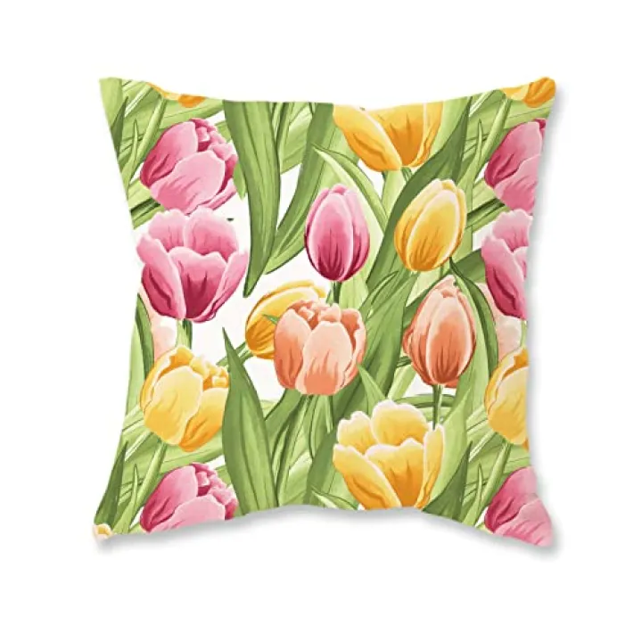 ONWAY Spring Tulips Pillow Cover 18x18 Farmhouse Floral Bloom Throw Pillowcase Spring Summer Outdoor Decorative Cushion Case for Sofa Couch Home Bed Decorations