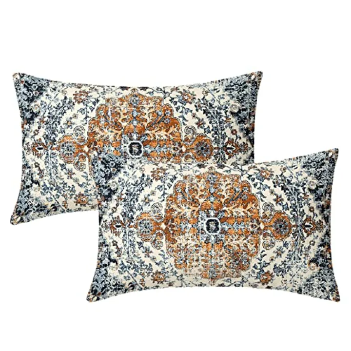 Brown Navy Blue Ethnic Boho Pillow Covers 12X20 In Bohemian Carpet Lumbar Pillow Cases Vintage Black Tan Floral Rectangular Pillow Cases with Zipper Home Decor for Room Bedroom Bed Cushion Outdoor