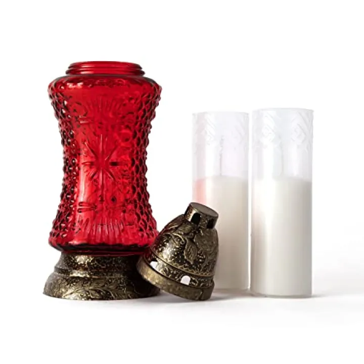 Starburst Memorial Candle by Taultic Lights, Red Glass Lantern Eternal Candle Holder for Loss of Loved One, Heat-Resistant Plastic Top and Base, Remembrance Decorations for Grave, Indoor & Outdoor Use