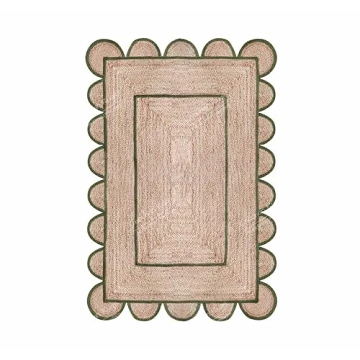 Chouhan Rugs Area Rug Natural Jute Hand Braided Rug Green Scalloped Runner