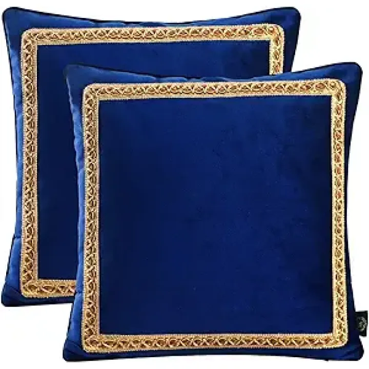 Decorative Velvet Throw Pillow Covers for Sofa Couch Bed Chair, Embroidery Pattern Design, Royal Blue, Pack of 2, 18x18 Inch