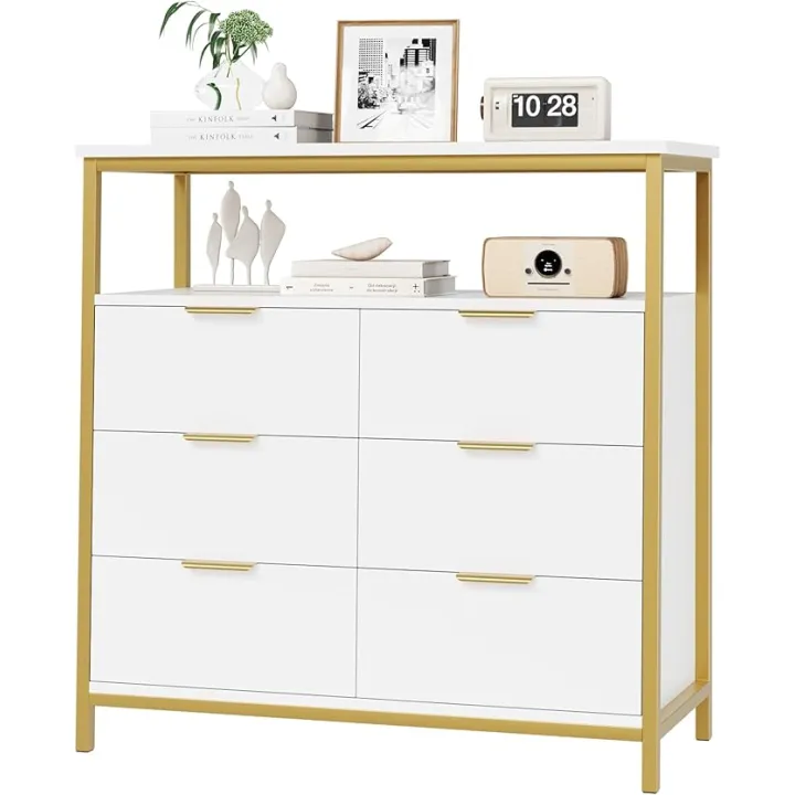 Modern White Dresser, 6 Drawer Dresser with Shelf, Wood Chest of Drawers with Sturdy Steel Frame, Large Capacity 6 Drawer Dresser for Living Room Home