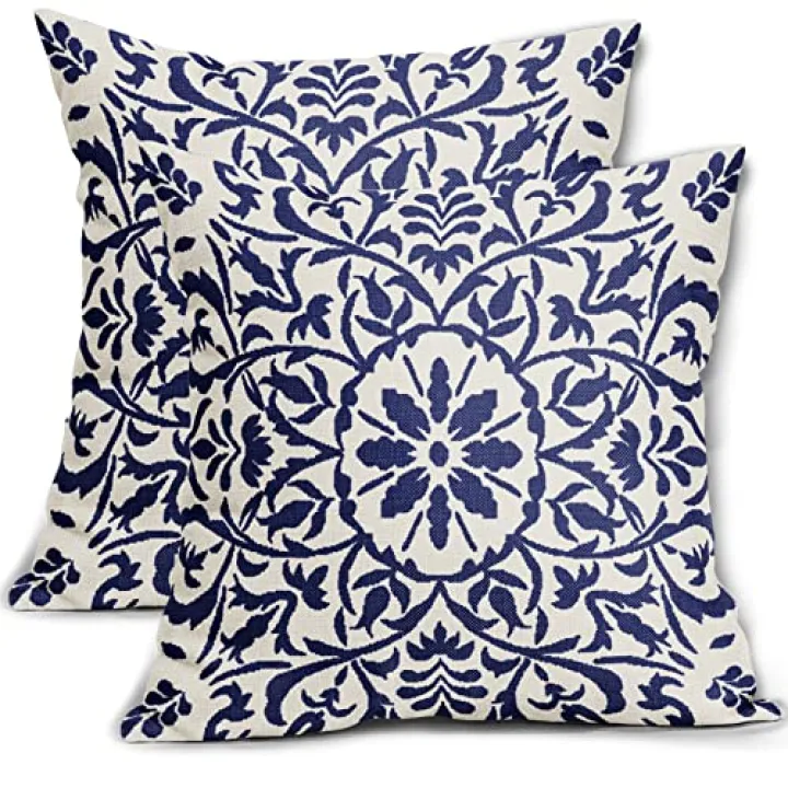 Navy Blue Ethnic Boho Pillow Covers 16 X 16 Inch Bohemian Carpet Style Vintage Navy Flower Print Decorative Throw Pillows Outdoor Linen Square Cushion Case Farmhouse Decor for Home Sofa Bed Set of 2