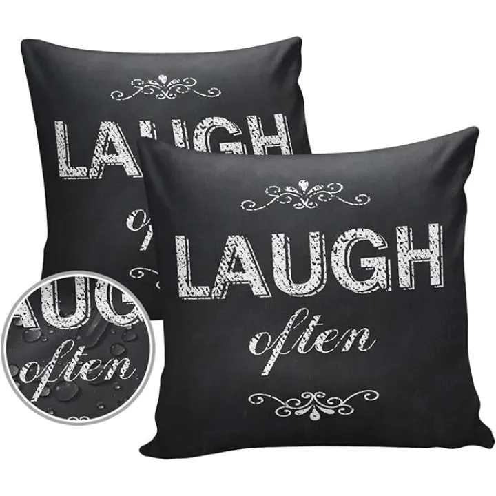 Outdoor Waterproof Throw Pillow Cover Laugh Often Decorative Pillows Cushion Covers Kitchen Words and Black 2 Pack Pillow Cases for Patio Garden Balcony Couch Sofa 16x16In