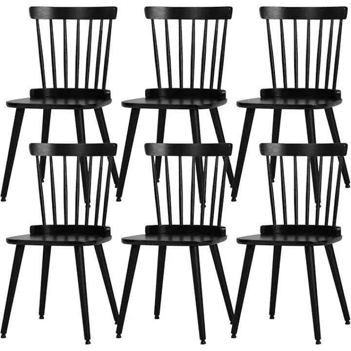 Windsor Dining Chair Set of 6 Farmhouse Solid Wood Spindle Back Side Chair Mid-Century Modern Black Armless Kitchen Chair for Dining Living Room Farmhouse Restaurant