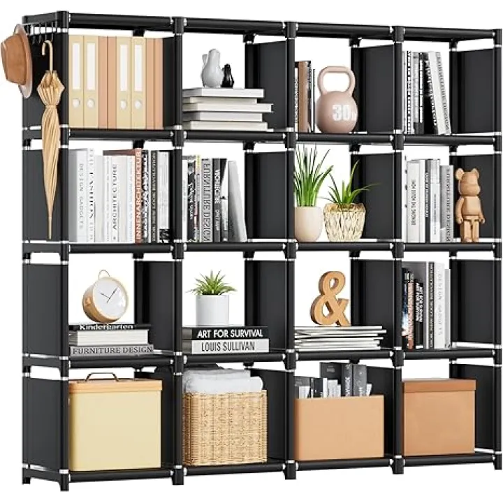 Mavivegue Bookshelf,16 Cube Storage Organizer,Book Shelf Organizer,Tall Bookcase,Black Cube Shelf Cubbies Closet Storage Shelves for Bedroom,Living Room,Home,Office, 16-Grid
